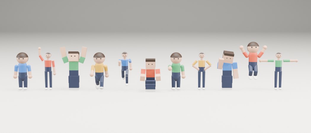 Eleven stylised figures in three styles, each in a different pose