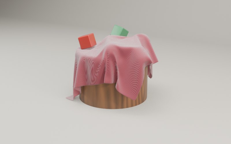 A red cloth draped over a wooden table with two small blocks poking through