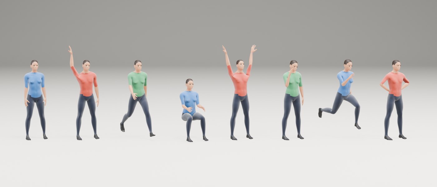 Eight realistic human figures in different poses wearing painted-on T-shirts and trousers