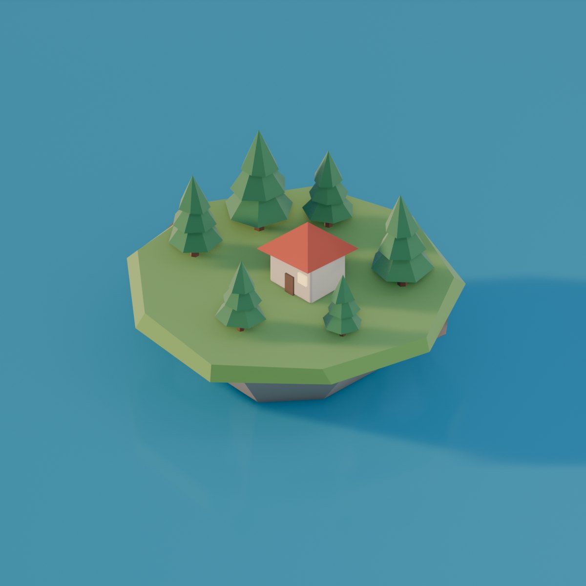 A low-poly island with pine trees and a small red-roofed house on blue water