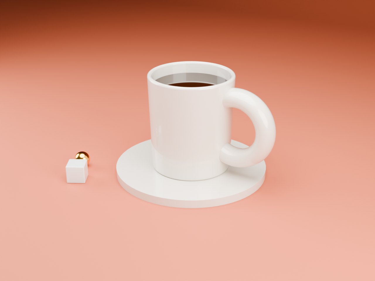 A white ceramic mug of coffee on a saucer against a terracotta backdrop