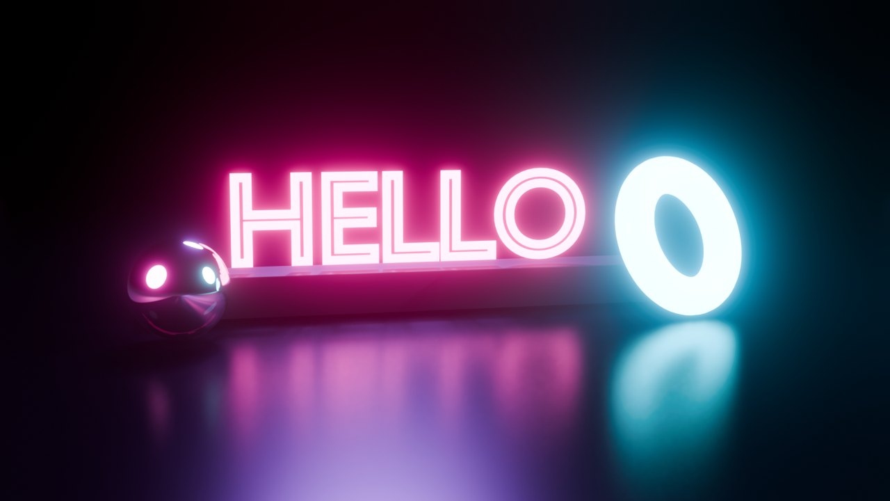 A pink neon HELLO sign beside a glowing cyan ring and a chrome ball, reflected in a dark glossy floor