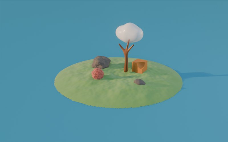 Grassy terrain with two rocks, a cloud, a branching tree and a crate with a bite cut out